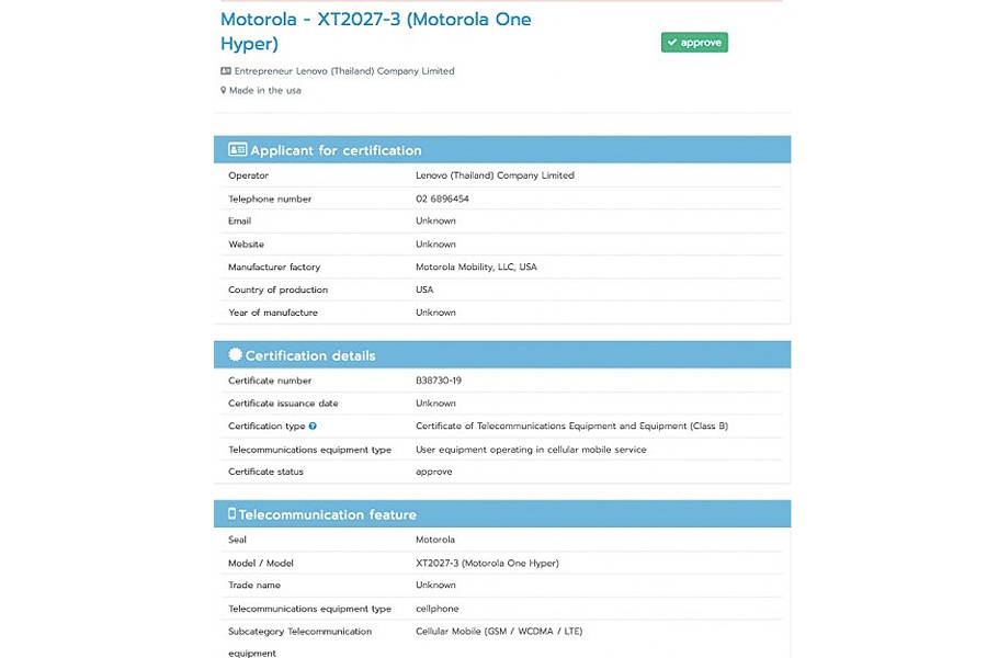Motorola Moto One Hyper nbtc listing XT2027-3 pop up selfie 64mp rear camera full specifications leaked