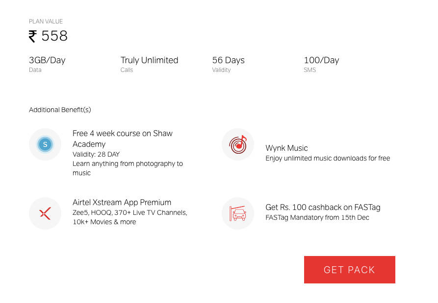 Airtel rs 558 rs 598 prepaid plan benefits comparison internet data voice call