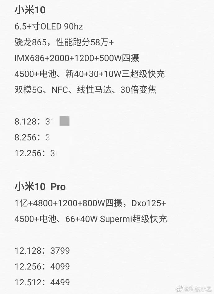 Xiaomi Mi 10 pro price ram storage variants leaked specifications revealed