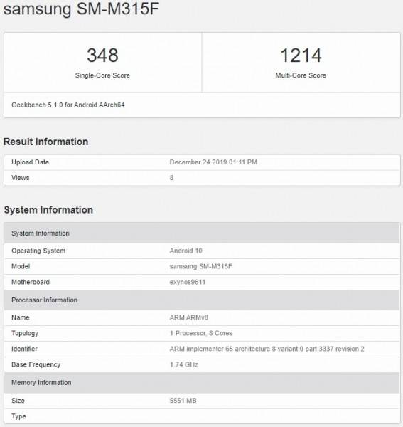 Samsung Galaxy M31 on geekbench with SM-M315F model number android 10 6gb ram