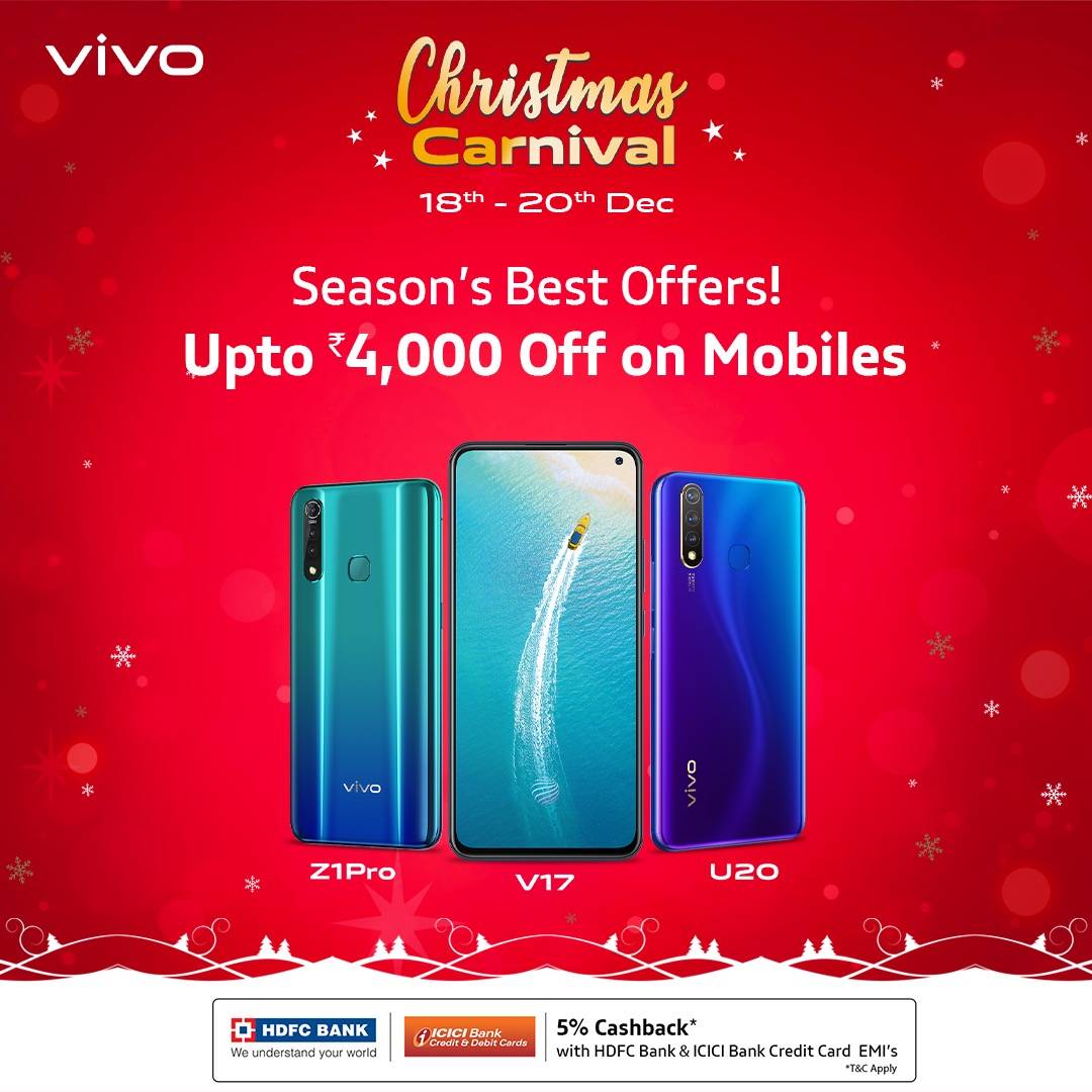 Vivo Christmas Carnival offers discounts cashback free selfie stick z1pro z1x u20 V17pro u20