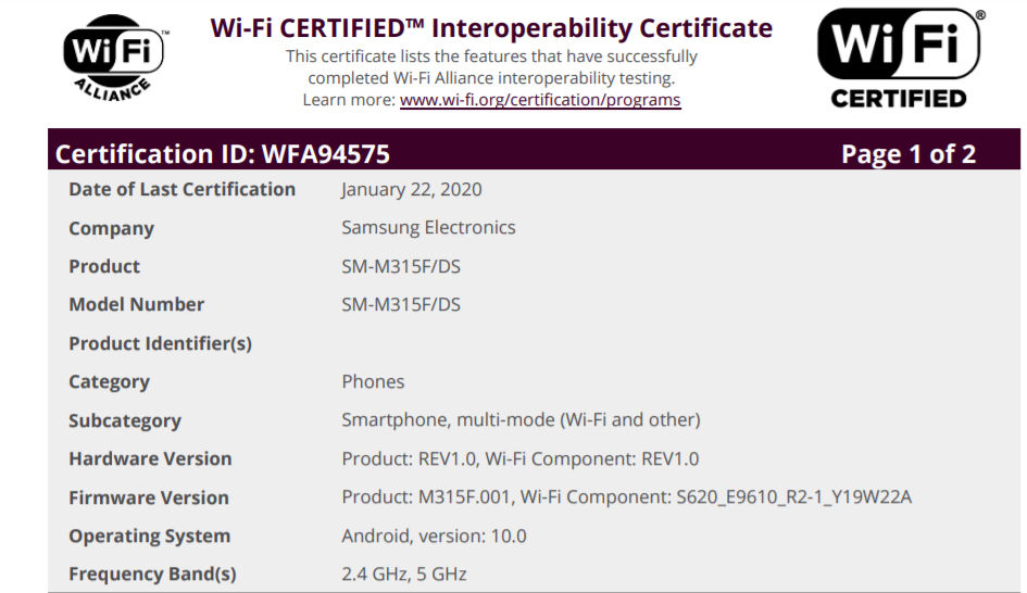 Samsung Galaxy M31 listed on wifi certification with android 10 SM-31S5 DS