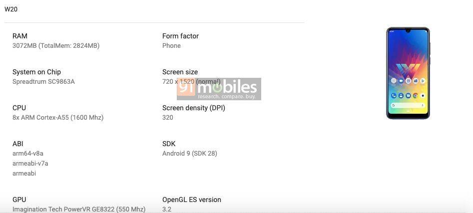 LG W20 listed on Google Play Console design specifications leaked
