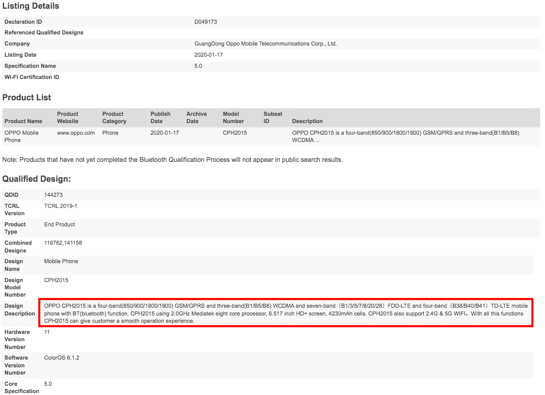OPPO A31 with model number CPH2015 4230mah battery 6 5 hd display certified specs leaked