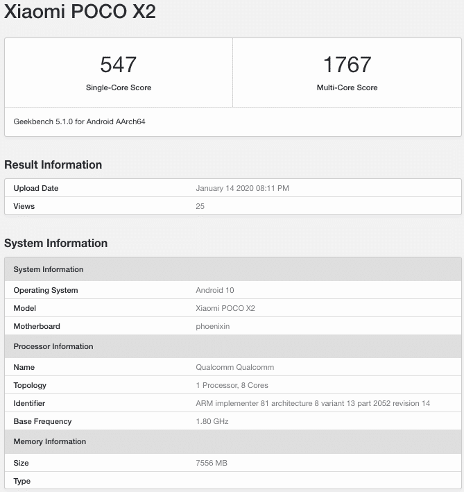 POCO X2 listed on geekbench with 8gb ram specs leaked