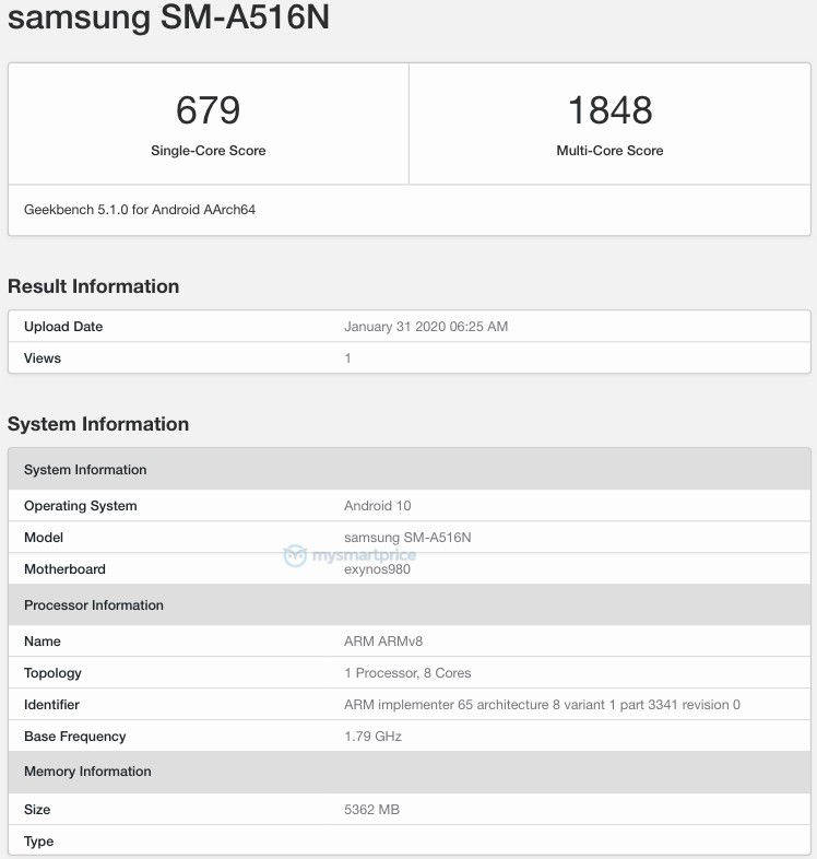 Samsung Galaxy A51 5g Exynos 980 chipset listed on geekbench android 10 6gb ram specs leaked SM-A516N