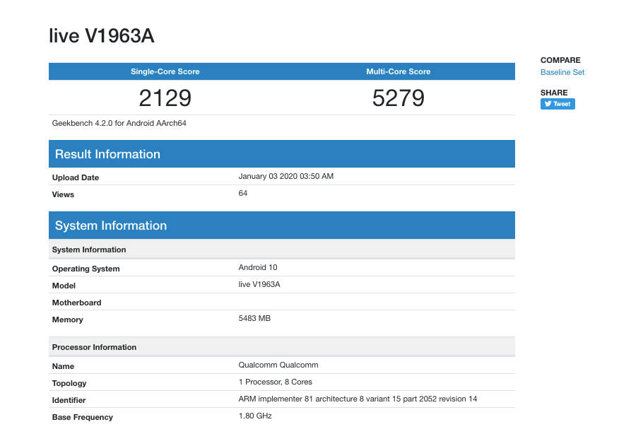 Vivo V1963A 5g phone listed on geekbench with Snapdragon 765G Realme X50 Redmi K30 OPPO Reno 3