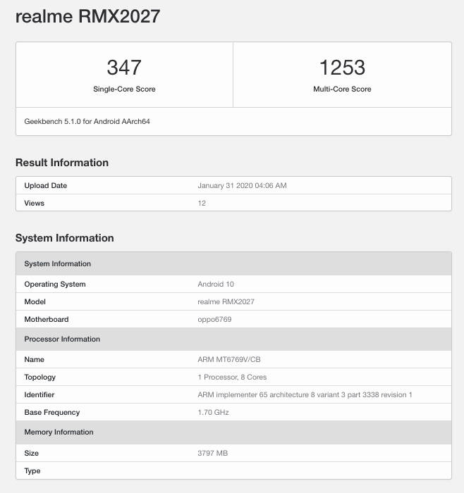 Realme 6 RMX 2027 listed on geekbench 4gb ram android 10 specs leaked launch soon realme c3