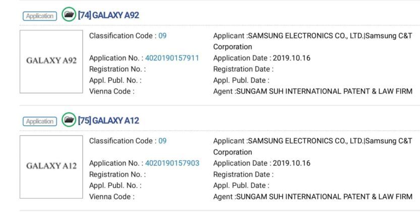 Samsung Galaxy A series trademark for new smartphones name a12 a22 a32 a42 a52 a62 a72 a82 a92