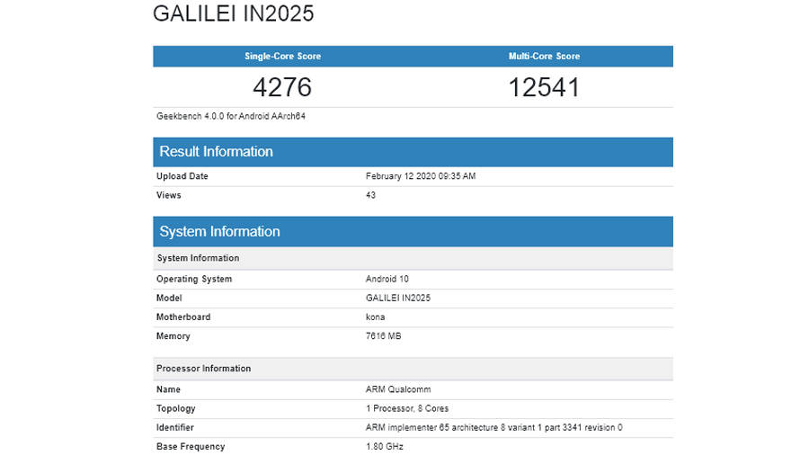 OnePlus 8 listed on geekbench GALILEI IN2025 8gb ram snapdragon 865 5g chipset