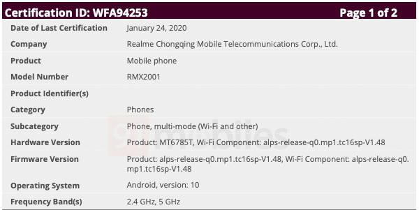 Realme 6 RMX2001 certified on wi-fi Alliance with android 10 MediaTek MT6785T chipset
