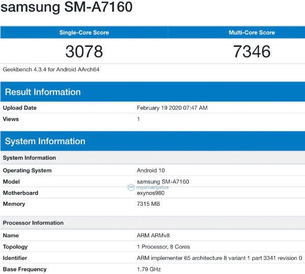 Samsung Galaxy A71 5g listed on geekbench SM-A7160 8gb ram exynos 980 chipset
