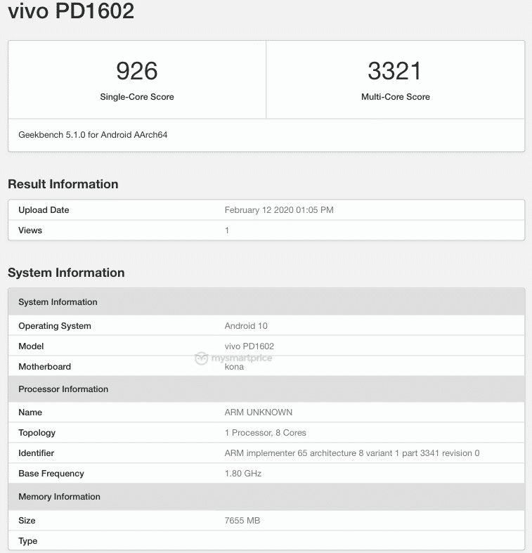 Vivo PD1602 and PD1728 listed on geekbench with android 10 kona snapdragon 865 5g 12gb ram specs leaked