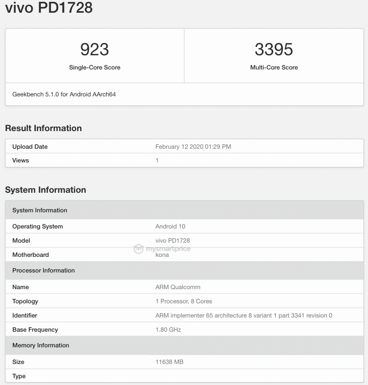 Vivo PD1602 and PD1728 listed on geekbench with android 10 kona snapdragon 865 5g 12gb ram specs leaked