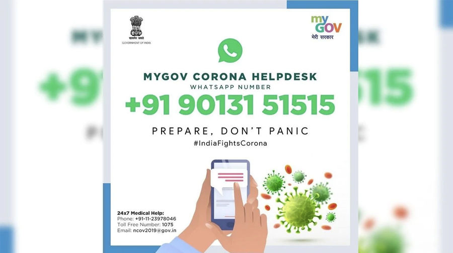 Coronavirus COVID-19 update news awareness on whatsapp by indian govt 9013151515 free service who