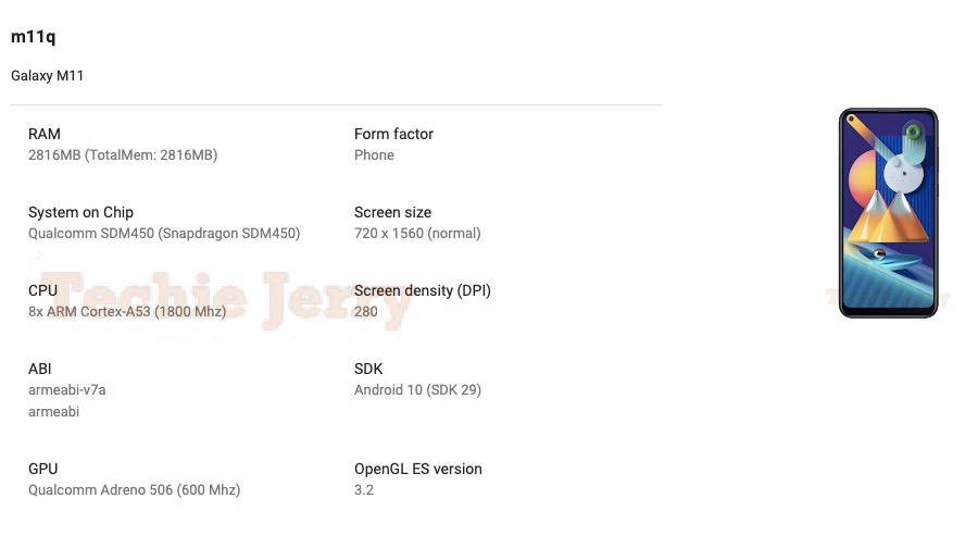 Samsung Galaxy M11 m11q google play console listing specs leaked punch hole display