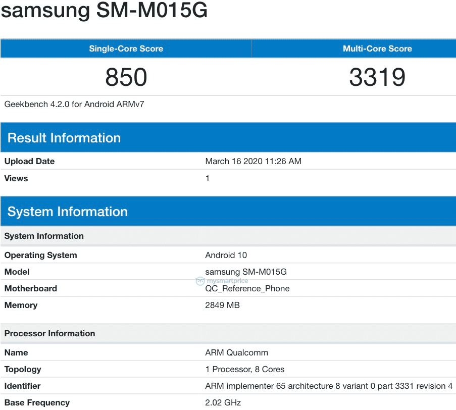 Samsung SM-M015G listed on geekbench 3gb ram android 10 specs leaked