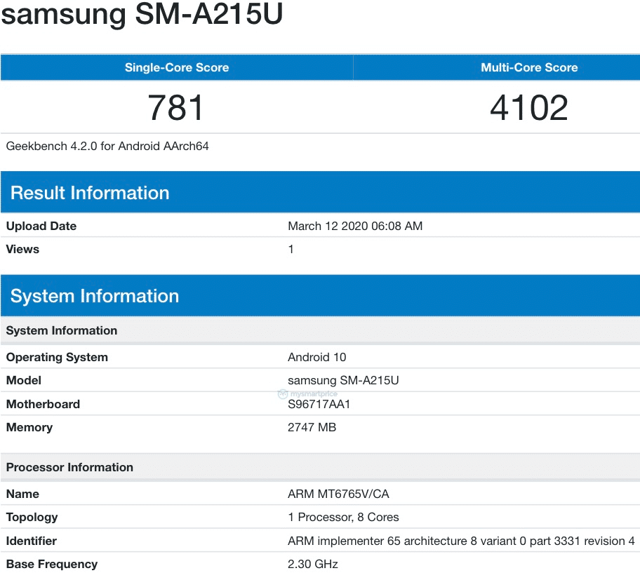 Samsung SM-A215U Galaxy A11 listed on geekbench 3gb ram android 10 specs leaked