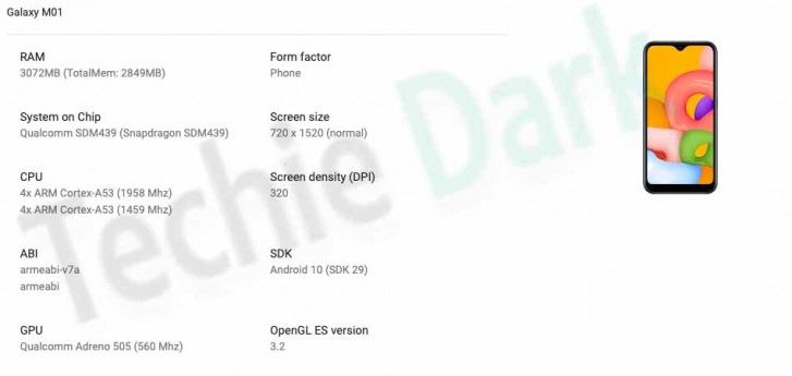 Samsung Galaxy M01 google play console listing 3gb ram snapdragon 439 chipset