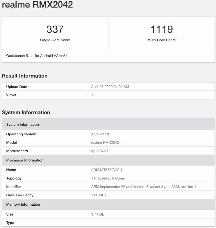 Realme Narzo 10 listed on geekbench android 10 helio g80 chipset 4gb ram specs leaked