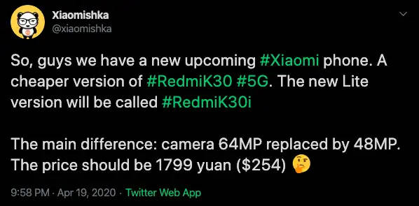 Xiaomi Redmi K30i 5g photo leaked 48mp triple rear camera single punch hole display revealed