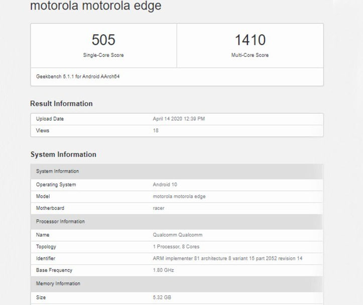 Motorola Edge geekbench listing 6gb ram snapdragon 765g 5g chipset specs leaked before 22 april launch