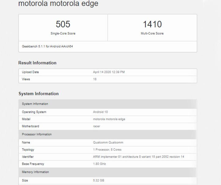 Motorola Edge geekbench listing 6gb ram snapdragon 765g 5g chipset specs leaked before 22 april launch