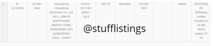 Realme Smart TV 43 inch display listed on BIS JSC55LSQLED specs price launching soon india