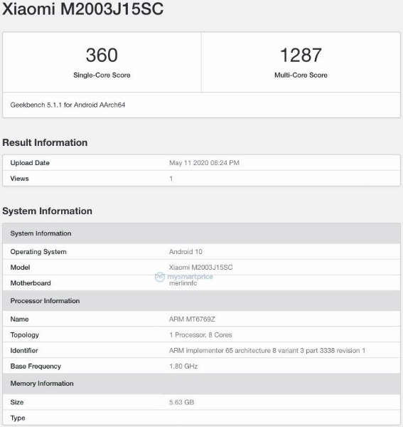 Redmi 10X Xiaomi M2003J15SC listed on geekbench 6gb ram specs leaked