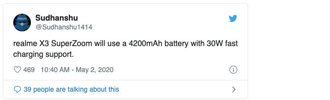 Realme X3 SuperZoom 30w fast charging 4200mah battery specs leaked