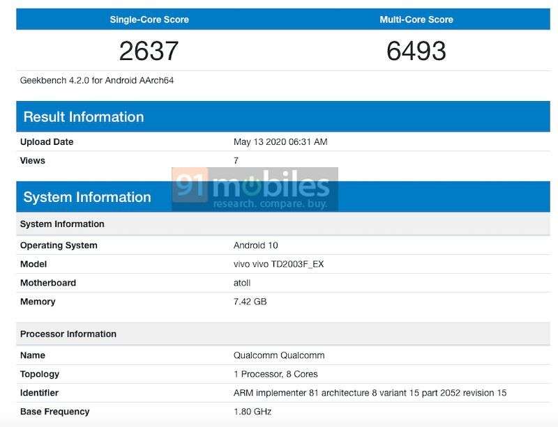 Vivo TD2003F_EX listed on geekbench with 8gb ram snapdragon chipset specs leaked