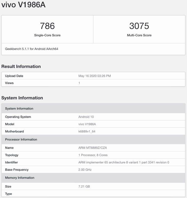 iQOO Z1 Vivo V1986A MediaTek Dimensity 1000 Plus geekbench listing launch specs