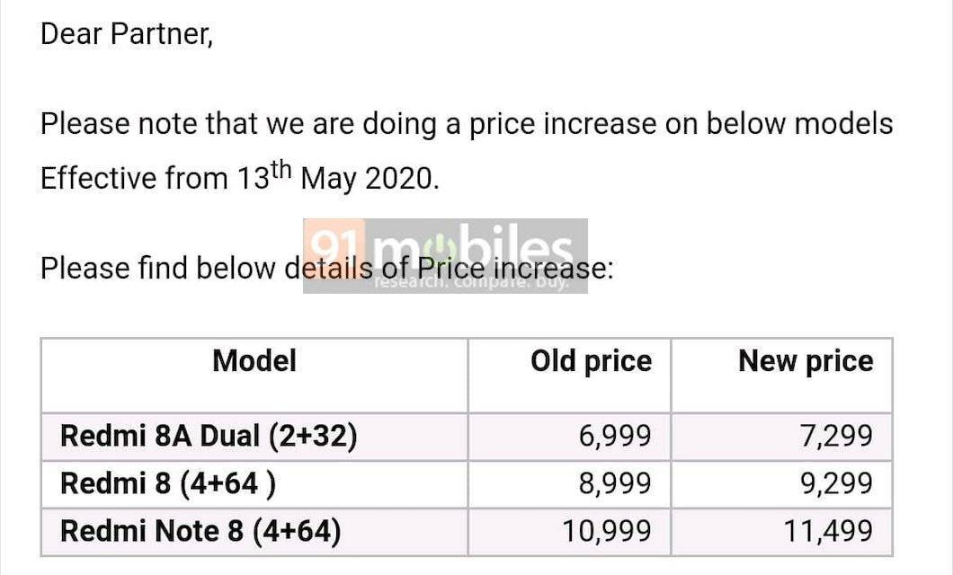 xiaomi redmi note 8 redmi 8 an redmi 8a price hike in india