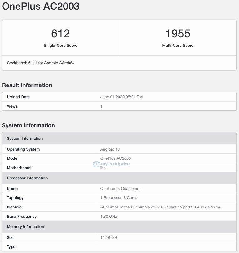 OnePlus z OnePlus AC2003 listed on geekbench 12gb ram Lito Snapdragon 765G SoC specs leaked