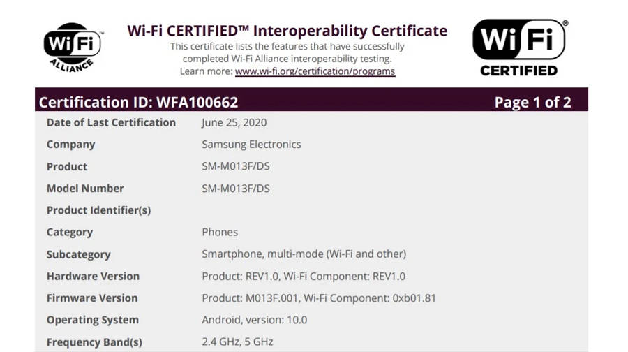 Samsung Galaxy M01 Core SM-M013F DS listed on wifi alliance android 10 launching soon