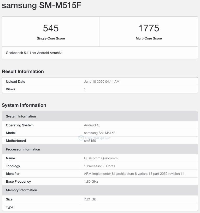 Samsung Galaxy M51 SM-M515F listed on geekbench listed specs revealed 8gb ram sm6150