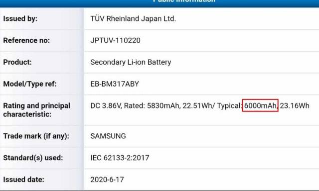 samsung galaxy m31s certified with 6000mah battery TUV Rheinland specs leaked