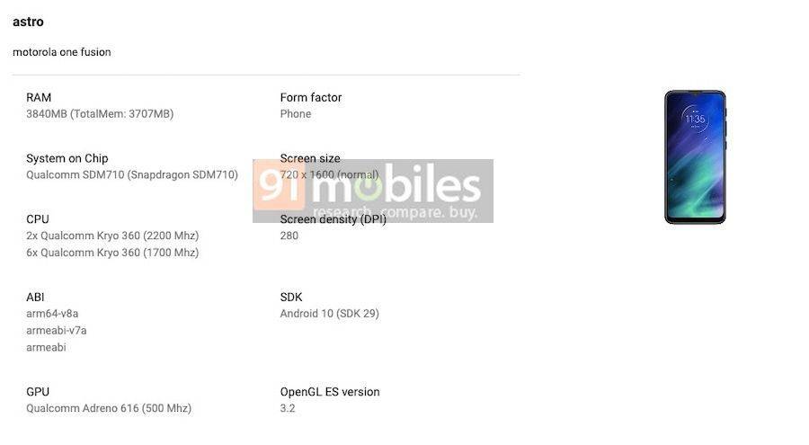 Motorola One Fusion listed on google play console 4gb ram android 10 specs leaked