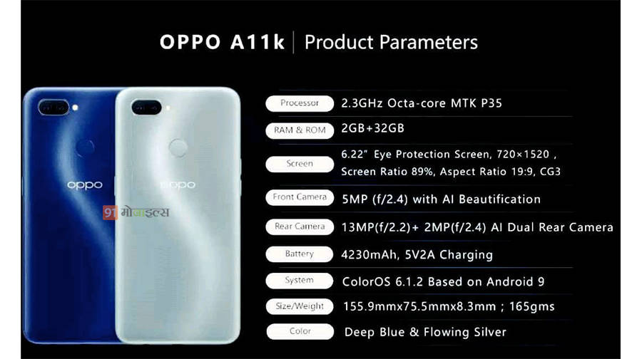 OPPO A11k to launch in india with 13mp dual rear camera 4230mah battery price rs 8999 specs sale