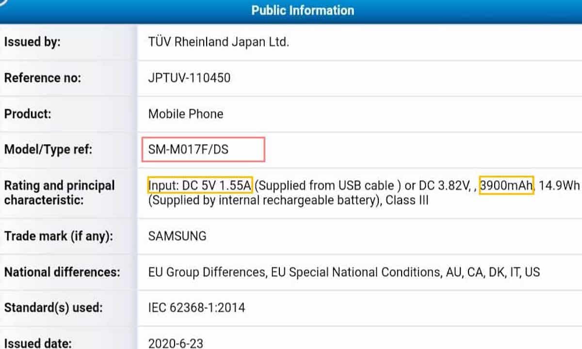 Samsung Galaxy M01s TÜV Rheinland 4000mah battery specs leaked