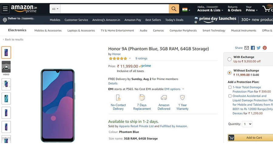 Honor 9A available for sale in india on amazon priced at rs 11999