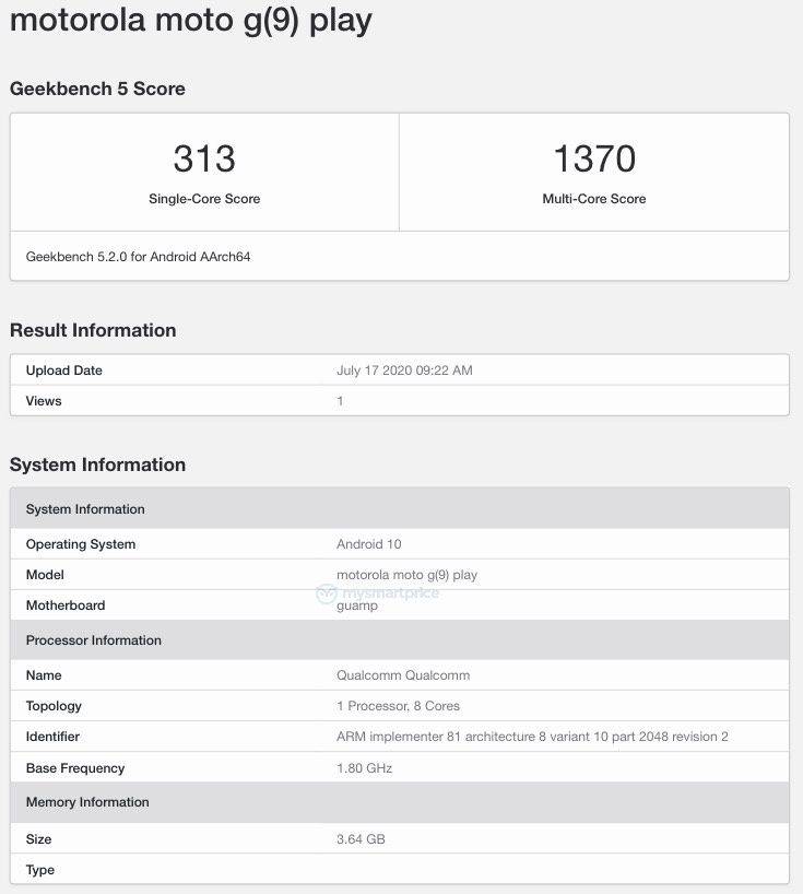 Motorola Moto G9 Play listed on geekbench specs leaked 4gb ram Snapdragon 662