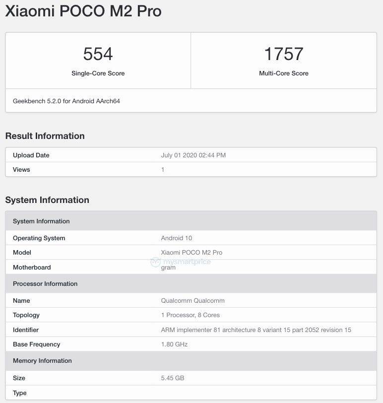 Xiaomi POCO M2 Pro geekbench listing specs 33w charging 6gb ram india launch 7 july