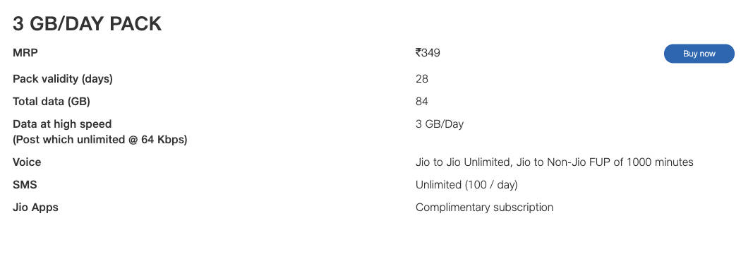 Reliance Jio Airtel prepaid plan rs 349 benefits comparison data calling offer