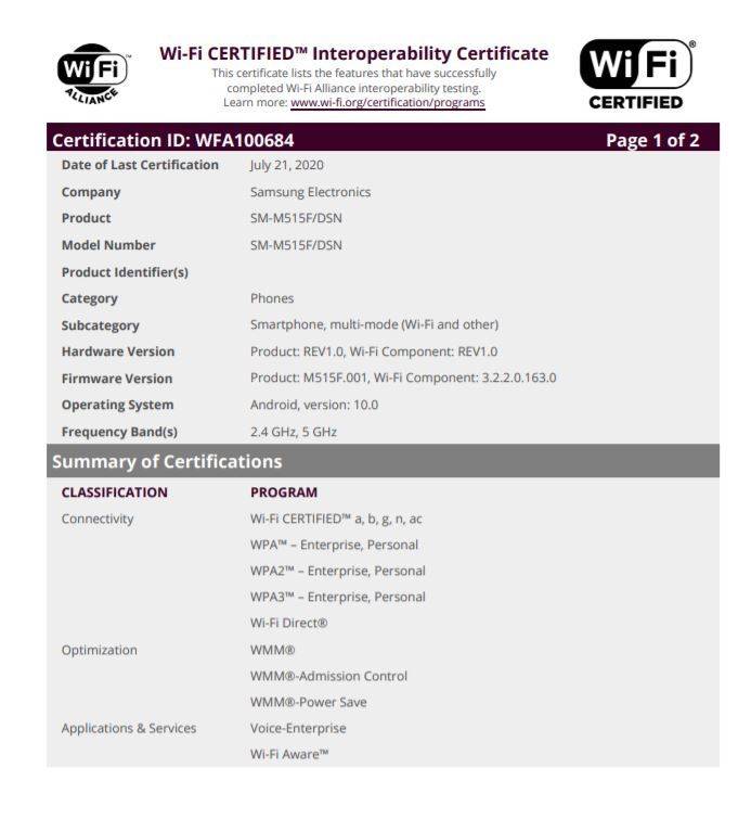 samsung galaxy m51 wi-fi certification specs leaked