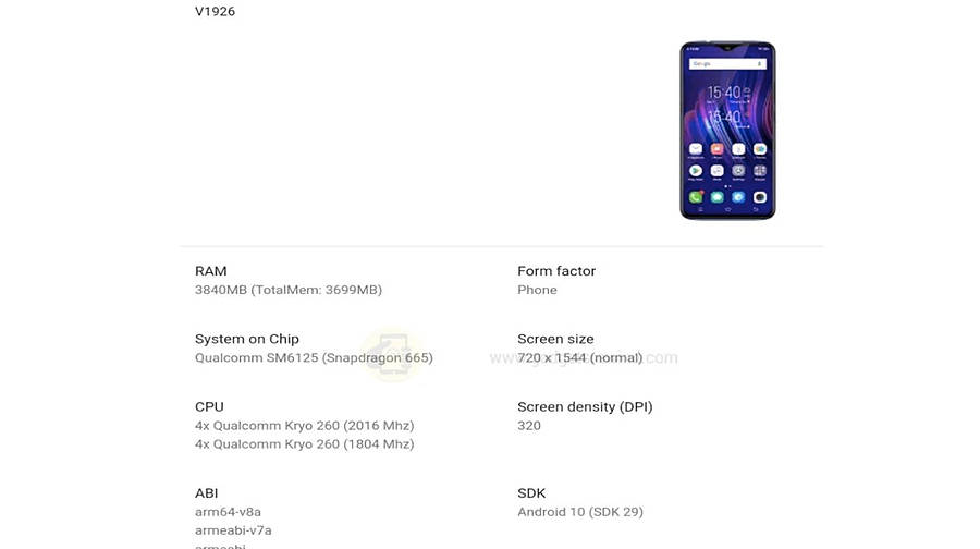 Vivo Y12 2020 V1926 Google Play console specs leaked 4gb ram Snapdragon 665
