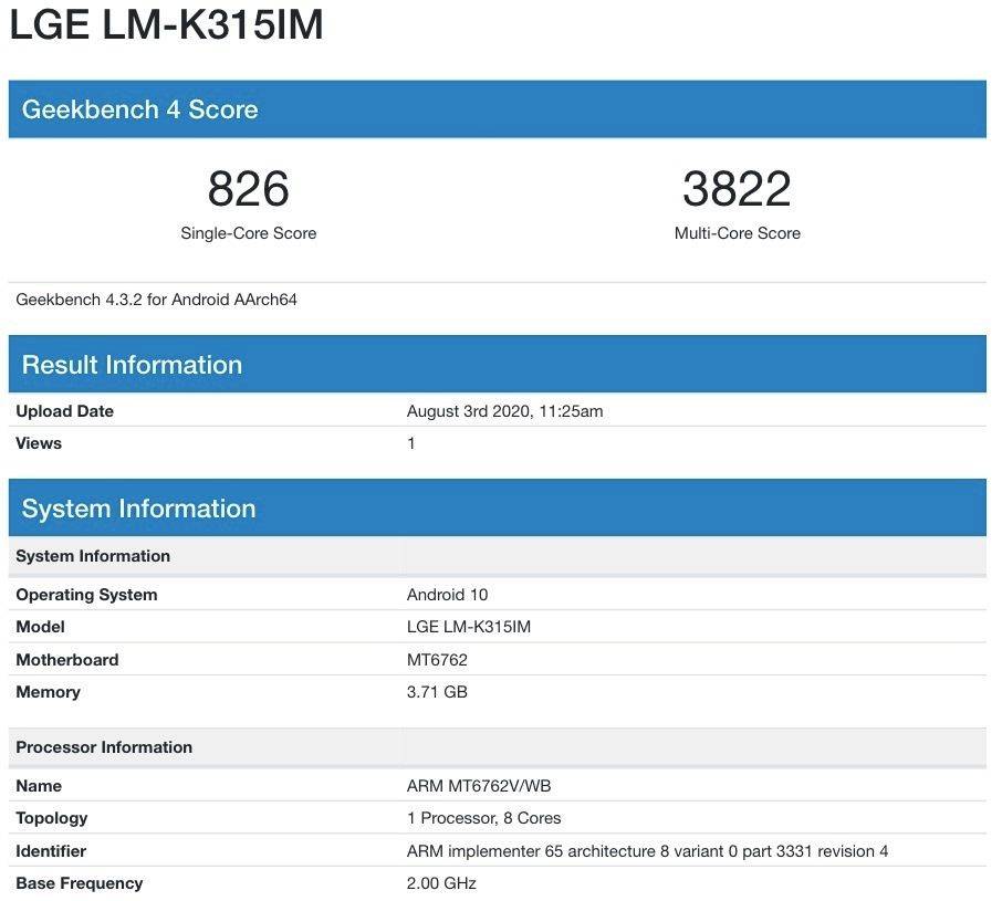 LG K31 geekbench listed specs leaked launch soon