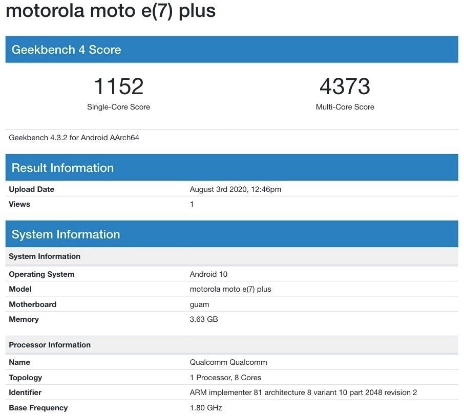 Motorola Moto E7 Plus geekbench listing 4gb ram specs leaked