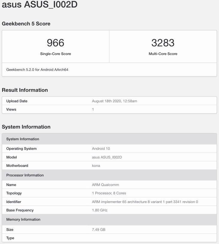 asus zenfone 7 geekbench listing 8gb ram snapdragon 865 plus specs