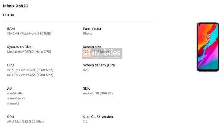 Infinix Hot 10 with 5100mah battery 4gb ram helio g72 specs leaked